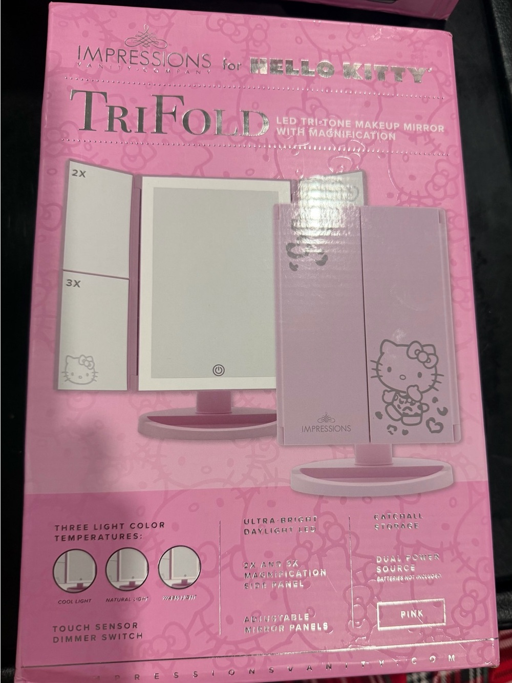 Impressions Hello Kitty Pink LED Tri-Fold Makeup Mirror with magnification B-New